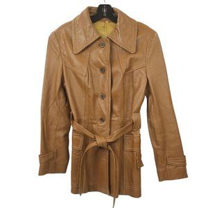 Vintage 70s DDM Brown Leather Point Collar Belted Womens Size 12 Jacket Lined